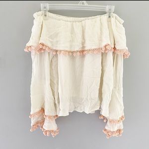 Altar'd State Top Off the Shoulder Pom-Pom Fringe Cream Pink Medium Flowy Ruffle